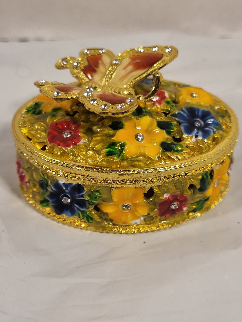 Butterfly Trinket Box Gold With Flower Design Enameled  Flowers 2.5 x 2 (W)